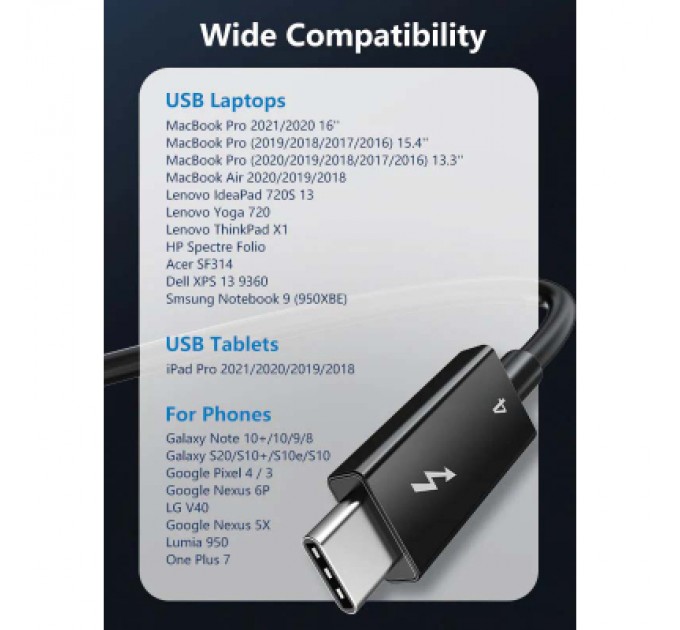 Cabletime Дата кабель USB-C to USB-C 1.0m Thunderbolt 4 100W (20V/5A) 8K60Hz Cabletime (CA915422)