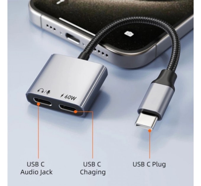 Cabletime Перехідник USB-C M to USB-C F Audio + USB-C F PD60W Cabletime (CA915781)