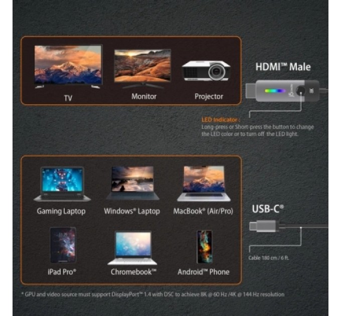 J5create Кабель мультимедійний USB-C to HDMI M 1.8m 8K 60Hz LED RGB J5create (JCC157-N)