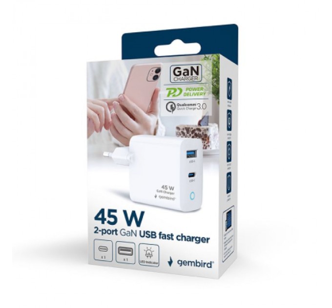 Gembird Зарядний пристрій Gembird 1xUSB-C PD45W + 1xUSB QC3.0 white (TA-UC-PDQC45L-W-01)