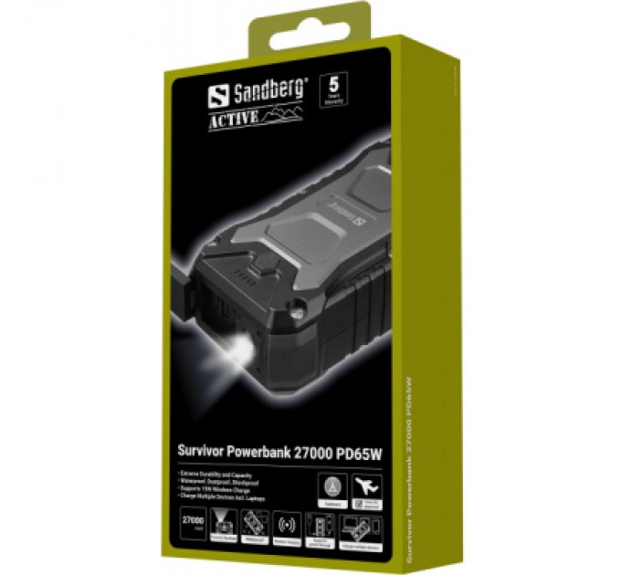 Sandberg Батарея універсальна Sandberg 27000mAh Survivor PD/65W, IP66, LED Torch, QC/3.0/18W, QI-15W, Pass-Through Charging (420-99)
