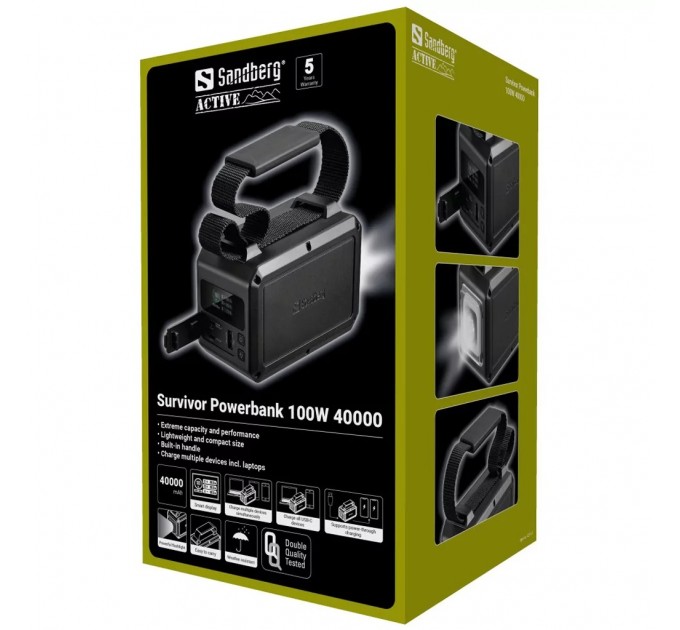 Sandberg Батарея універсальна Sandberg 40000mAh Survivor 100W, IPX4 Water resist, LED Torch, Pass-Through Charging (421-14)