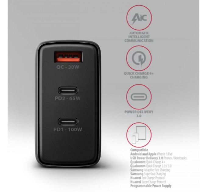 AXAGON Зарядний пристрій AXAGON 1xUSB + 2xUSB-C 100W QC4+ PD3.0 PPS black (ACU-DPQ100)