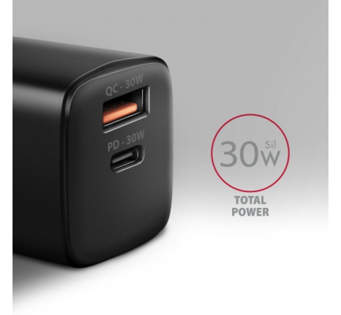 AXAGON Зарядний пристрій AXAGON 1xUSB QC4.0 + 1xUSB-C PD30W PPS black (ACU-PQ30)