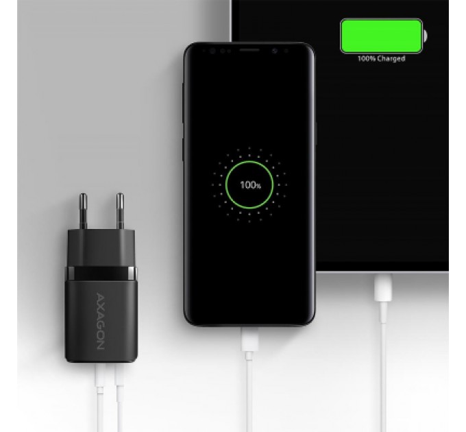 AXAGON Зарядний пристрій AXAGON 1xUSB QC4.0 + 1xUSB-C PD30W PPS black (ACU-PQ30)