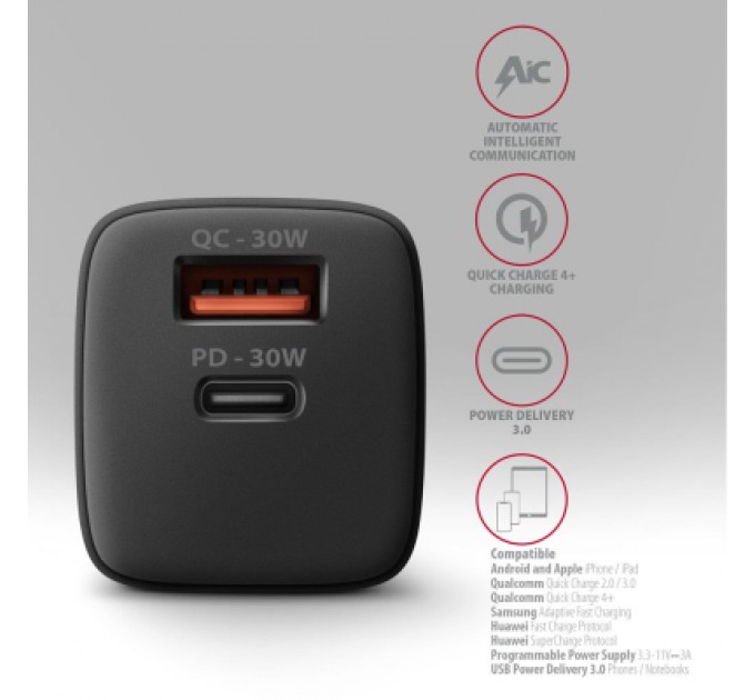 AXAGON Зарядний пристрій AXAGON 1xUSB QC4.0 + 1xUSB-C PD30W PPS black (ACU-PQ30)