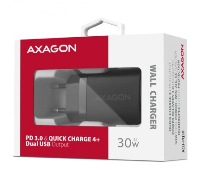 AXAGON Зарядний пристрій AXAGON 1xUSB QC4.0 + 1xUSB-C PD30W PPS black (ACU-PQ30)