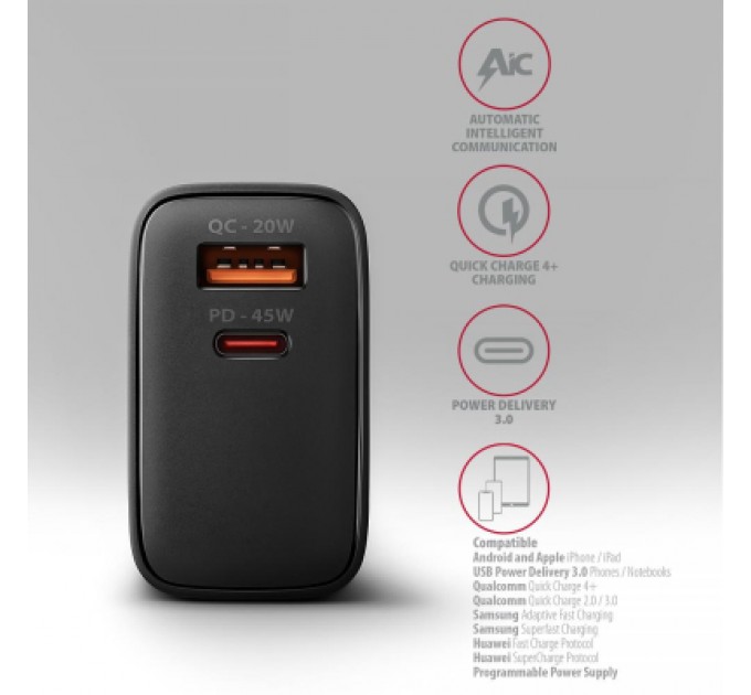 AXAGON Зарядний пристрій AXAGON 1xUSB QC4.0 + 1xUSB-C PD45W PPS black (ACU-PQ45)