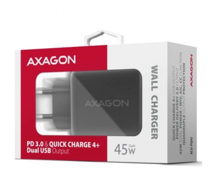 AXAGON Зарядний пристрій AXAGON 1xUSB QC4.0 + 1xUSB-C PD45W PPS black (ACU-PQ45)