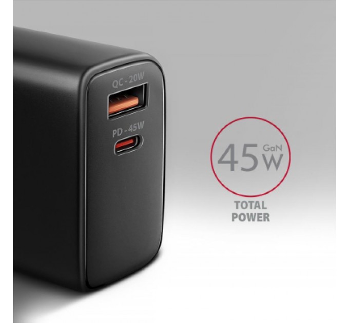 AXAGON Зарядний пристрій AXAGON 1xUSB QC4.0 + 1xUSB-C PD45W PPS black (ACU-PQ45)