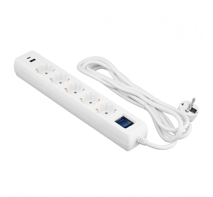 2E Мережевий фільтр 2E 5хSchuko, 1 х USB, 1 x USB-C, 3 м (2E-SP515M3USBWH)