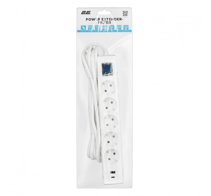 2E Мережевий фільтр 2E 5хSchuko, 1 х USB, 1 x USB-C, 3 м (2E-SP515M3USBWH)