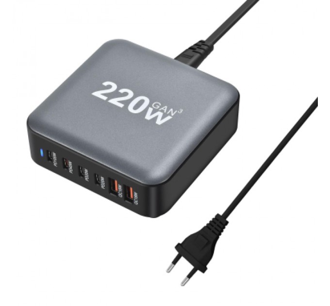 XoKo Зарядний пристрій XoKo 1xUSB-С PD100W + 1xUSB-С PD45W + 2xUSB-С PD20W + 2xUSB QC18W 220W GaN (QC-220)