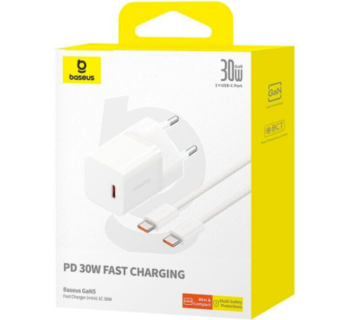 Baseus Зарядний пристрій Baseus GaN5 Fast Charger USB-C 30W + Cable 1.0m Type-C 100W white (P10110902213-00)