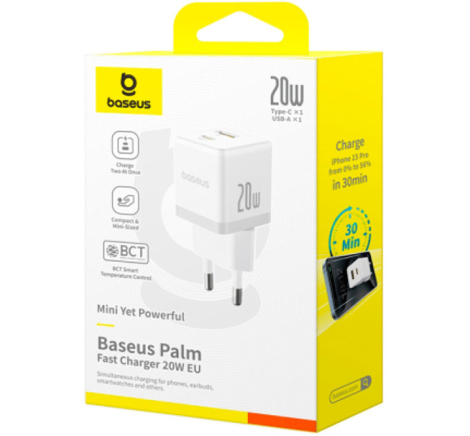 Baseus Зарядний пристрій Baseus Palm Fast Charger C+U 20W moon white (P10111608213-00)