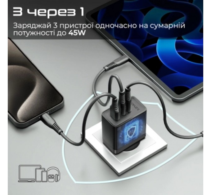 Promate Зарядний пристрій Promate powerport-45 2xUSB-C PD + USB-A QC 45W Black (powerport-45.black)