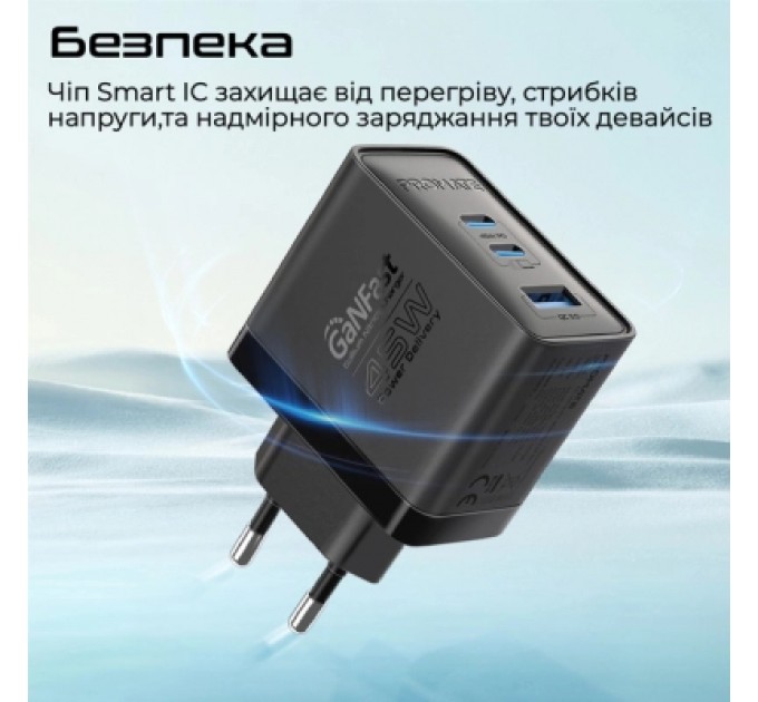 Promate Зарядний пристрій Promate powerport-45 2xUSB-C PD + USB-A QC 45W Black (powerport-45.black)