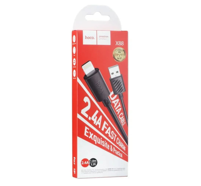 HOCO Кабель Hoco X88 Gratified USB - Lightning  (M/M), 1 м, Black (6931474783301)