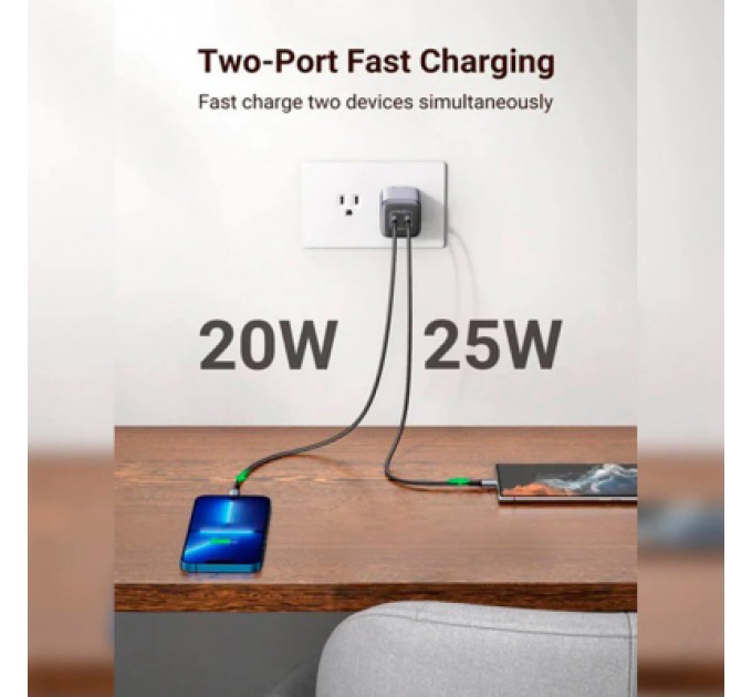 Ugreen Зарядний пристрій Ugreen 2xUSB 40W GAN (Type-C 25W+20W) PD CD294 (90573)