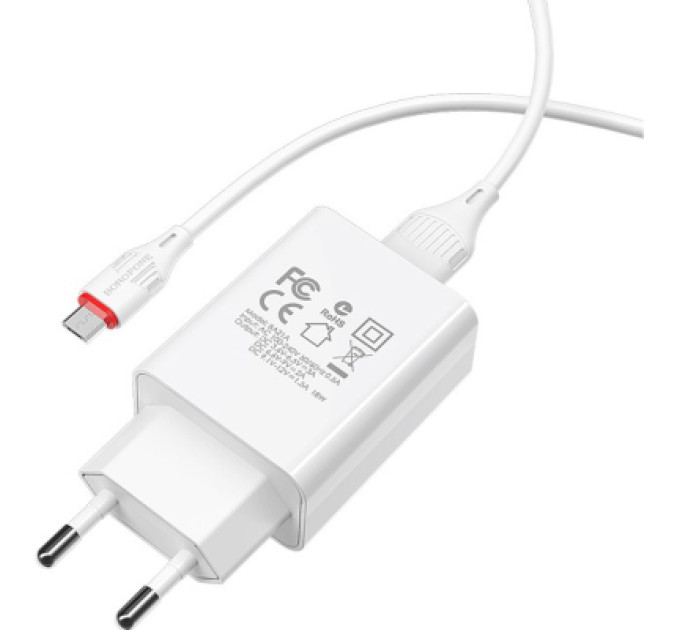 BOROFONE Зарядний пристрій BOROFONE BA21A Long Journey USB QC3.0 + cable USB to Micro 5P 18W White (6931474702470)