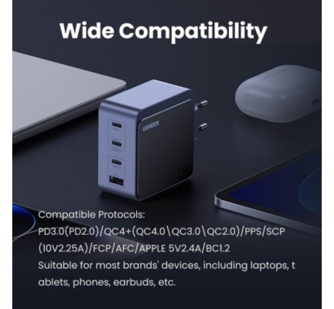 Ugreen Зарядний пристрій Ugreen 4xUSB 100W (3xUSB-C+USB-A) Gan Nexode Fast Charger Grey X553 (35043)