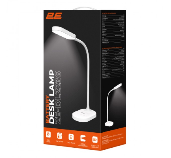 2E Настільна лампа 2E 9Вт 3000K 4000K 5700K 2200мАг USB-С без БЖ білий (2E-DL2236)