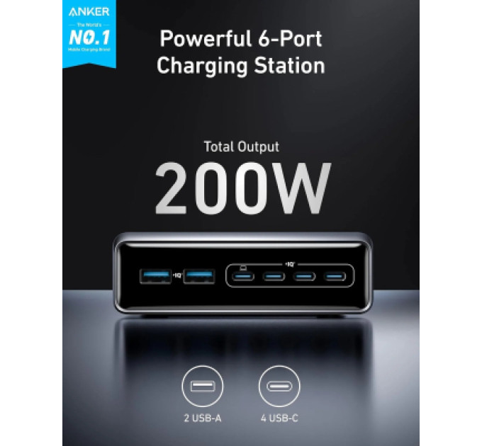 Anker Зарядний пристрій Anker GaNPrime 200W 4xUSB-C PD + 2xUSB-A Black (A2683341)