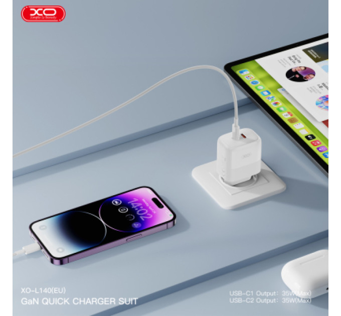 XO Зарядний пристрій XO L140 35W 2xUSB-C PD White (L140_White)