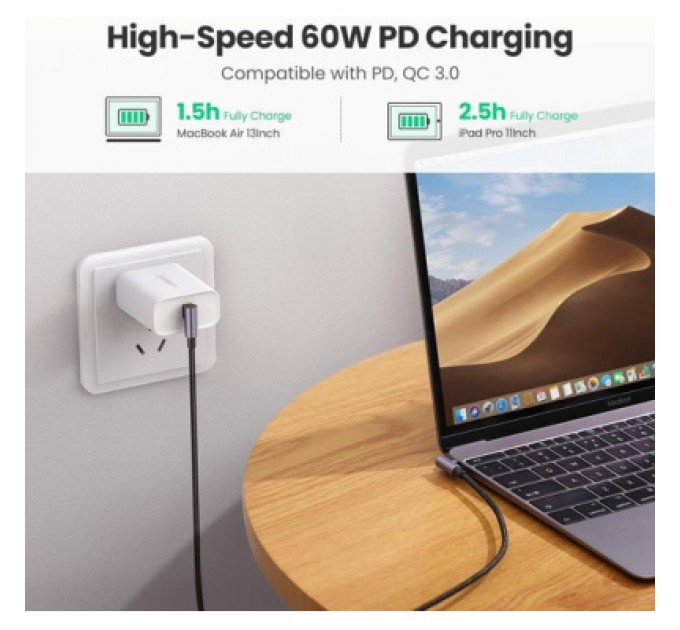 Ugreen Дата кабель USB-C to USB-C 2.0m 3A 60W US323 90-degree Black Ugreen (70531)