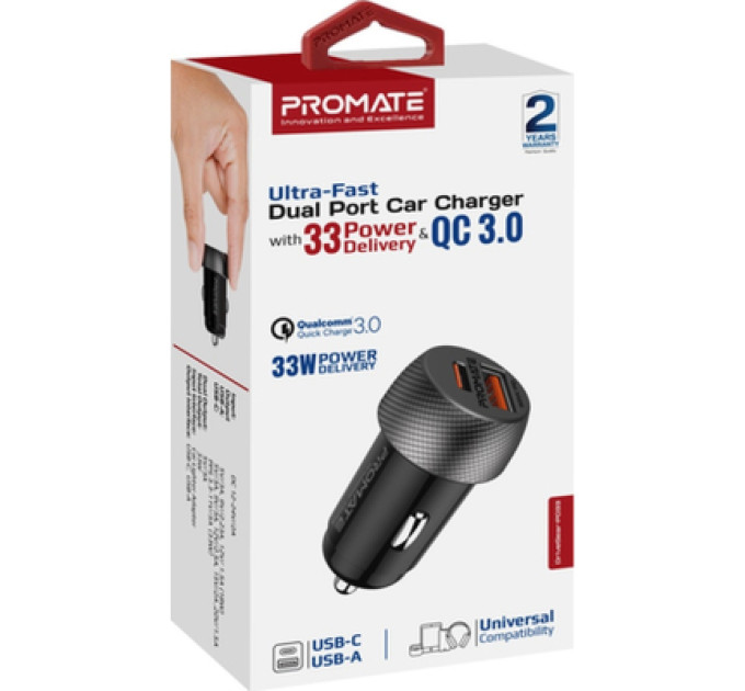 Promate Зарядний пристрій Promate drivegear-pd33 USB-C PD33W + USB-A QC3.0 Black (drivegear-pd33)