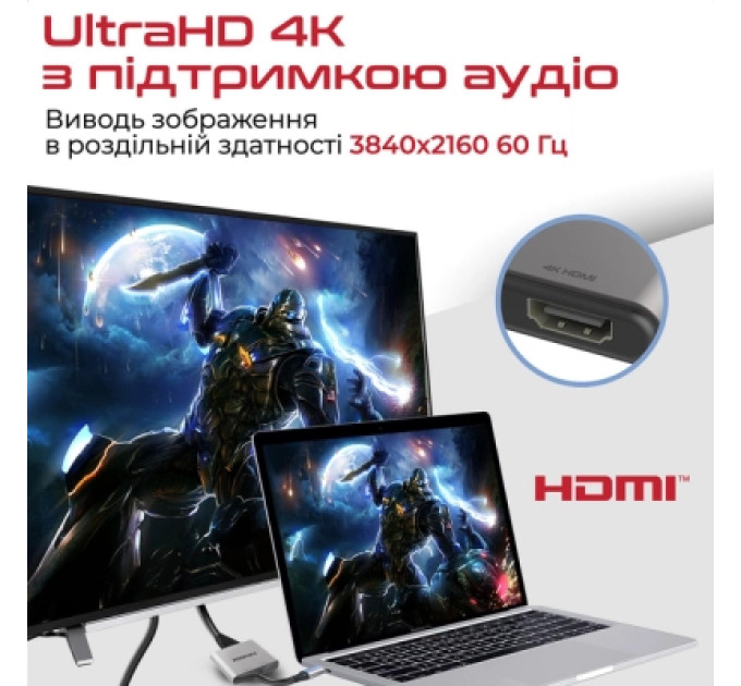 Promate Перехідник USB-C to 2xHDMI 4K Promate (medialink-h2.grey)