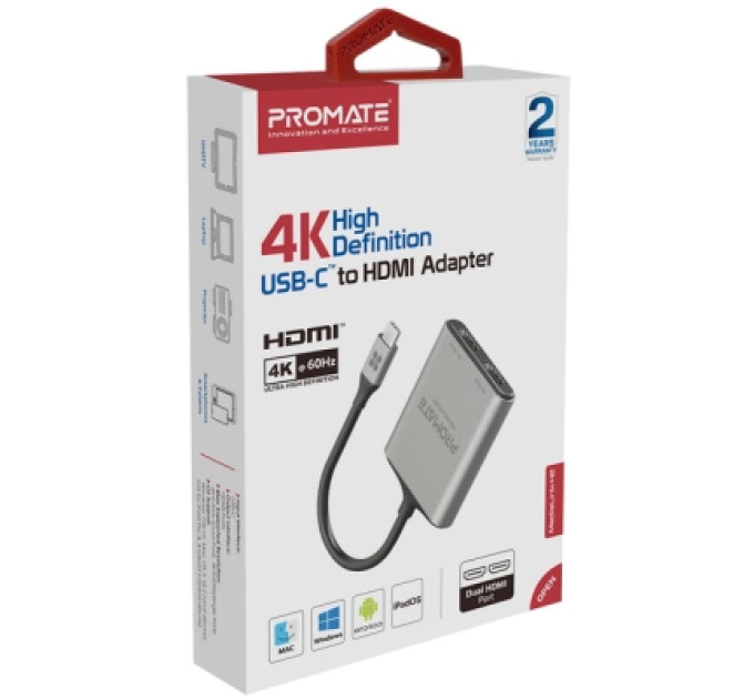 Promate Перехідник USB-C to 2xHDMI 4K Promate (medialink-h2.grey)