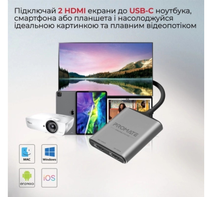 Promate Перехідник USB-C to 2xHDMI 4K Promate (medialink-h2.grey)