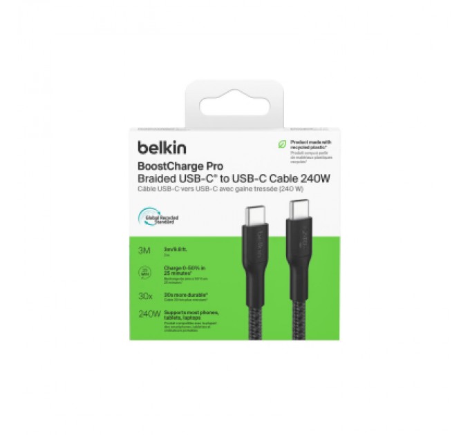 Дата кабель USB-C to USB-C 3.0m 240W black Belkin (CAB025HQ3MBK)