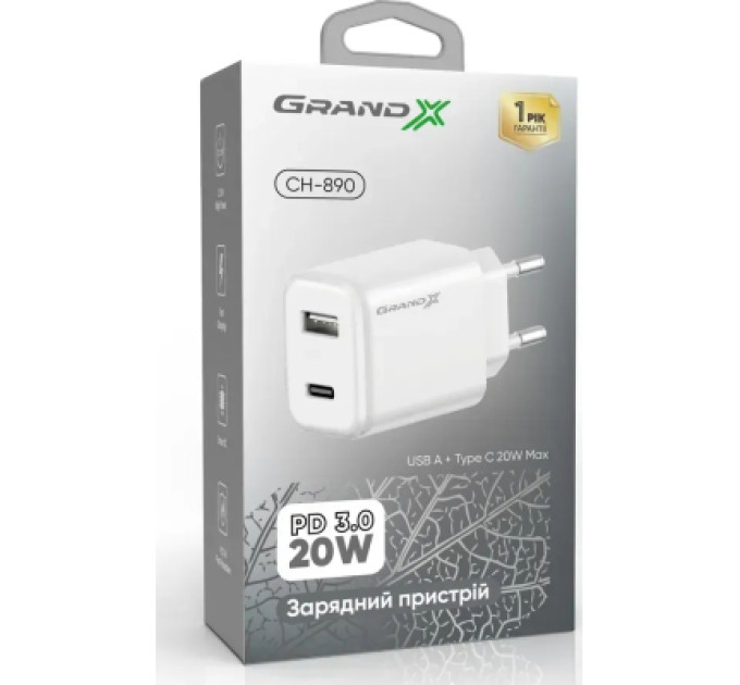 Grand-X Зарядний пристрій Grand-X CH-890 Fast Charge 1xUSB-C PD20W + 1xUSB QC4.0 + AFC SCP FCP Black (CH-890)