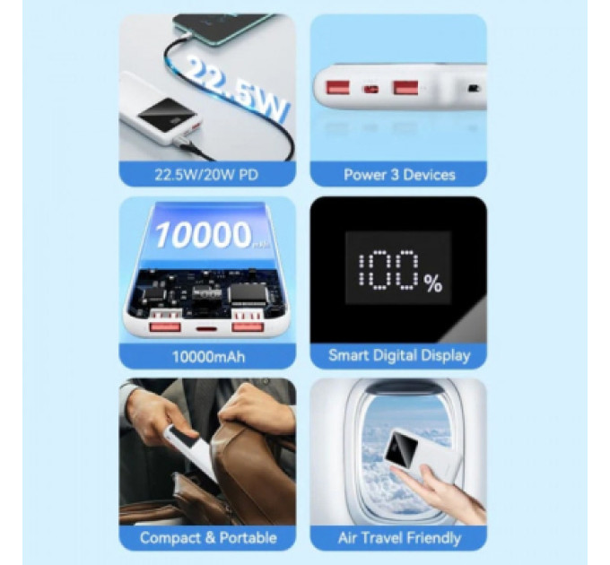 Vention Батарея універсальна Vention 10000mAh 22.5W 3A PD, QC/3.0, LED Display, White (FHKW0)