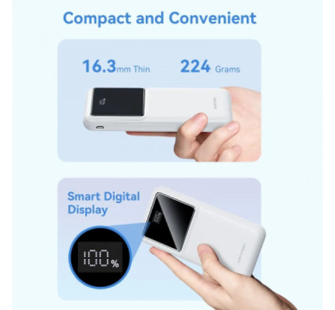 Vention Батарея універсальна Vention 10000mAh 22.5W 3A PD, QC/3.0, LED Display, White (FHKW0)