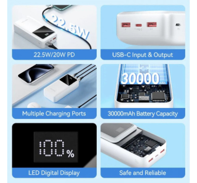 Vention Батарея універсальна Vention 30000mAh 22.5W 3A, PD, QC/3.0, LED Display, Black (FHMB0)