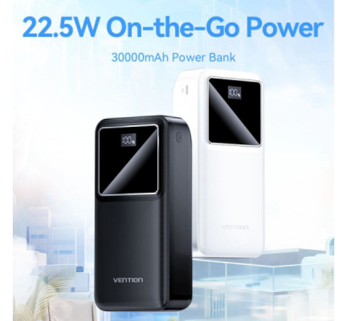 Vention Батарея універсальна Vention 30000mAh 22.5W 3A, PD, QC/3.0, LED Display, Black (FHMB0)