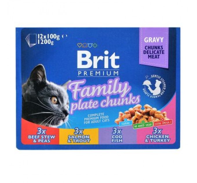 Вологий корм для кішок Brit Premium Cat сімейна тарілка асорті 4 смаки 100 г х 12 шт (8595602506255)