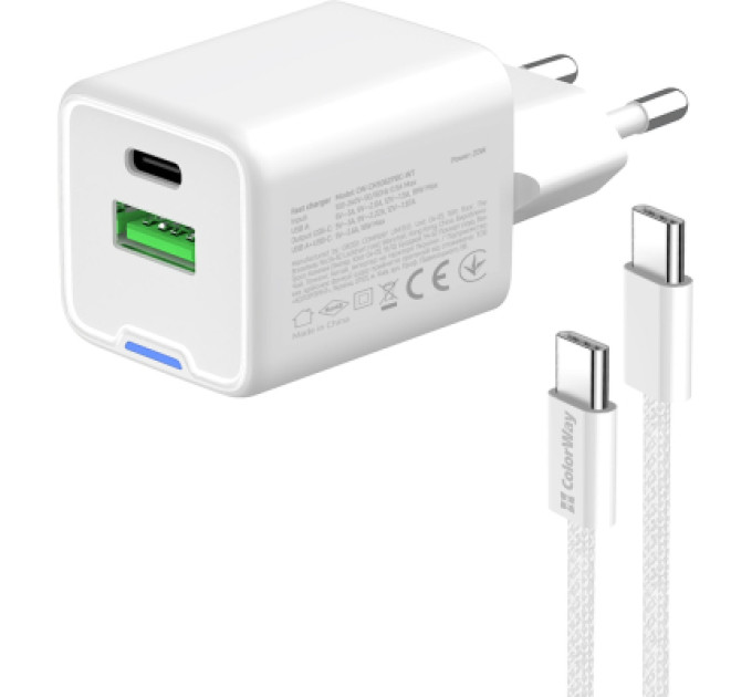 ColorWay Зарядний пристрій ColorWay C101A GaN Mini 20W PD PPS USB-C + USB-A QC4.0 + cable USB-C to USB-C black (CW-CHS062PDC-WT)