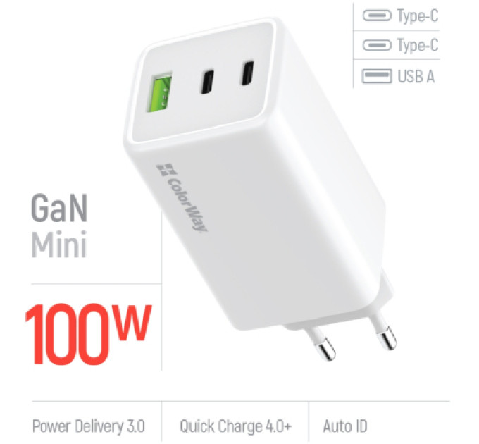 ColorWay Зарядний пристрій ColorWay C101B GaN Mini 100W PD PPS 2xUSB-C + USB-A white (CW-CHS061PD-WT)