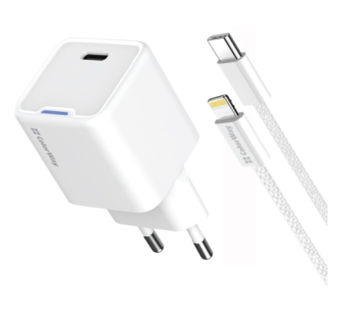 ColorWay Зарядний пристрій ColorWay C101D GaN Mini 20W PD PPS USB-C + cable USB-C to Lightning white (CW-CHS059PDL-WT)