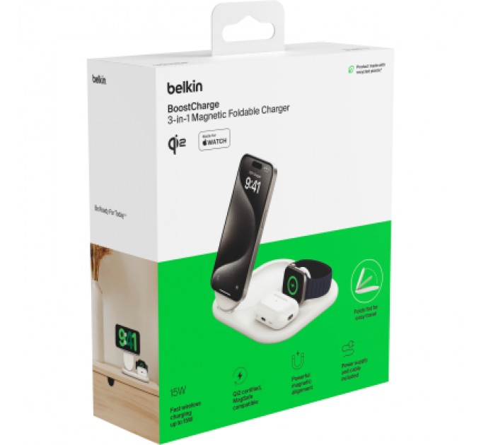 Зарядний пристрій Belkin 3in1 Magnetic Foldable iPhone/Watch/AirPods Qi2 15W white (WIZ029VFWH)