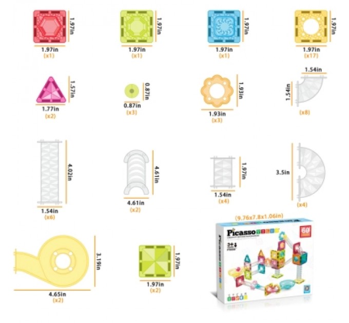 Конструктор Picasso магнітний Tiles Mini Diamond Marble Run Track Set 60 деталей (817338028299)