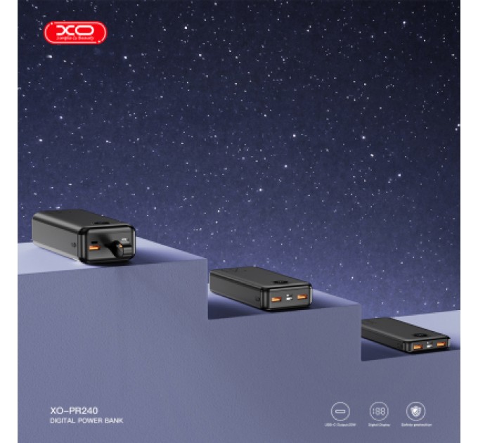 Батарея універсальна XO 30000mAh, PD/20W, QC/22.5W, with light, black (PR240_Black)