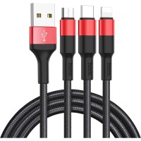 Дата кабель USB 2.0 AM to Lightning+Micro+USB-C 1.0m Xpress one X26 black+red HOCO (6957531080282)