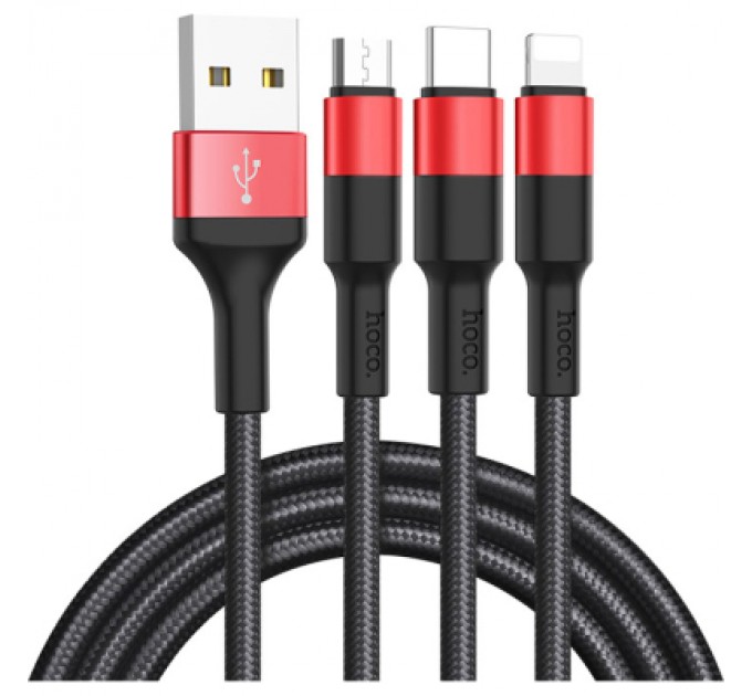 Дата кабель USB 2.0 AM to Lightning+Micro+USB-C 1.0m Xpress one X26 black+red HOCO (6957531080282)