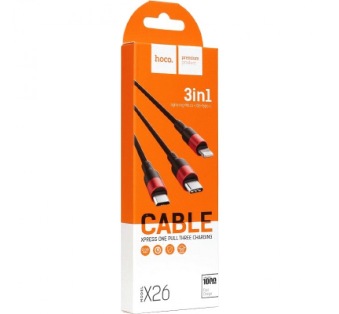 Дата кабель USB 2.0 AM to Lightning+Micro+USB-C 1.0m Xpress one X26 black+red HOCO (6957531080282)