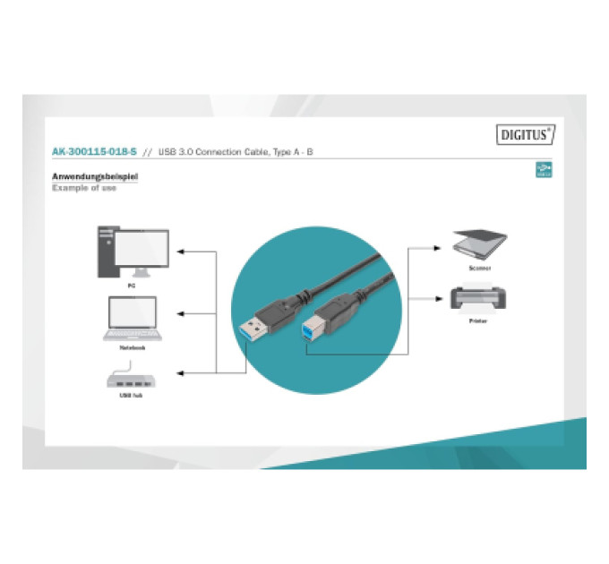 Digitus Дата кабель USB 3.0 AM/BM 1.8m black Digitus (AK-300115-018-S)